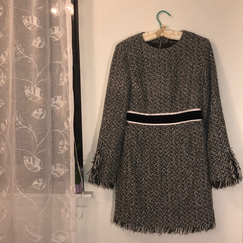 Juicy Couture Black Label Tweed Contrast Fringed Hem and Cuffs Dress | Size 8